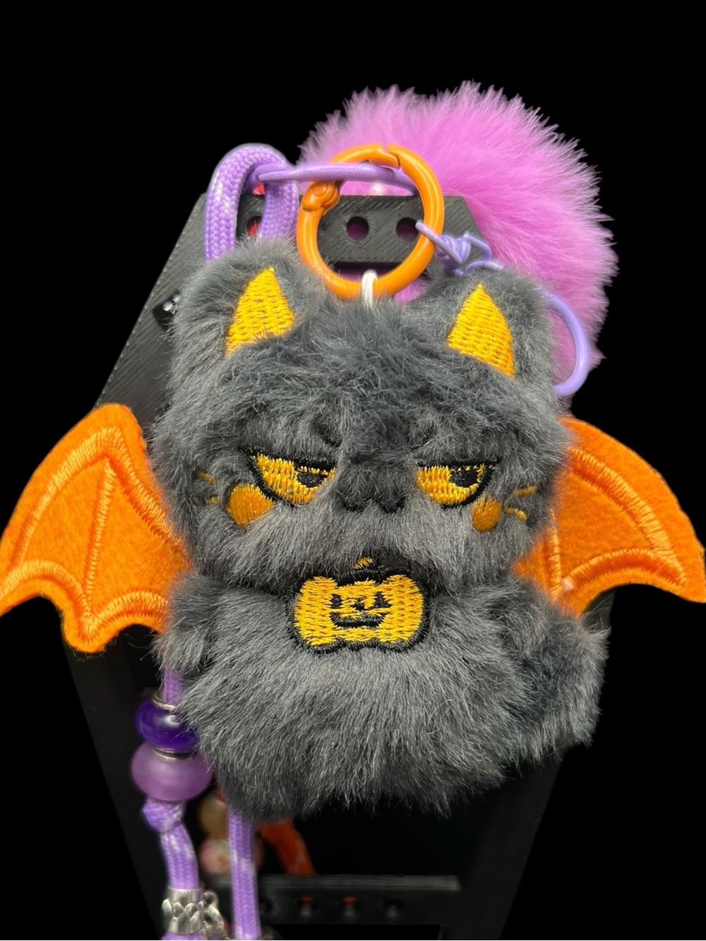 NWT Handmade Plush Grey Devil Cat Bat Keychain Bag Charm🧡💜🖤